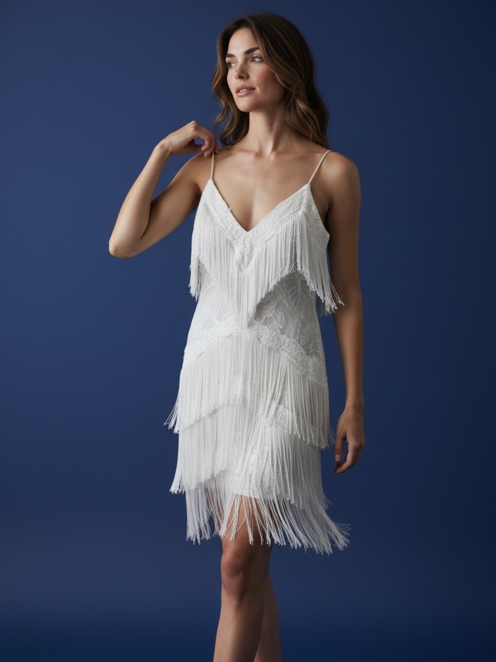 💲• New rare designer  White Lace Mesh Fringe Dress •